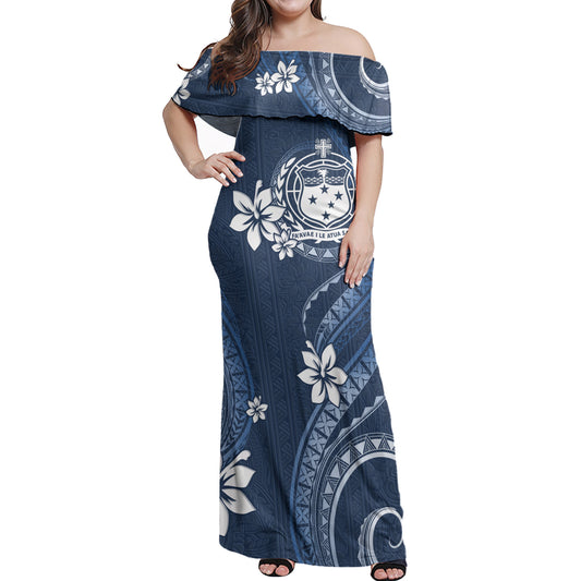 Samoa Off Shoulder Long Dress White Hibiscus Blue Pattern