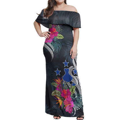 Austral Islands Combo Off Shoulder Long Dress And Shirt Tropical Flower