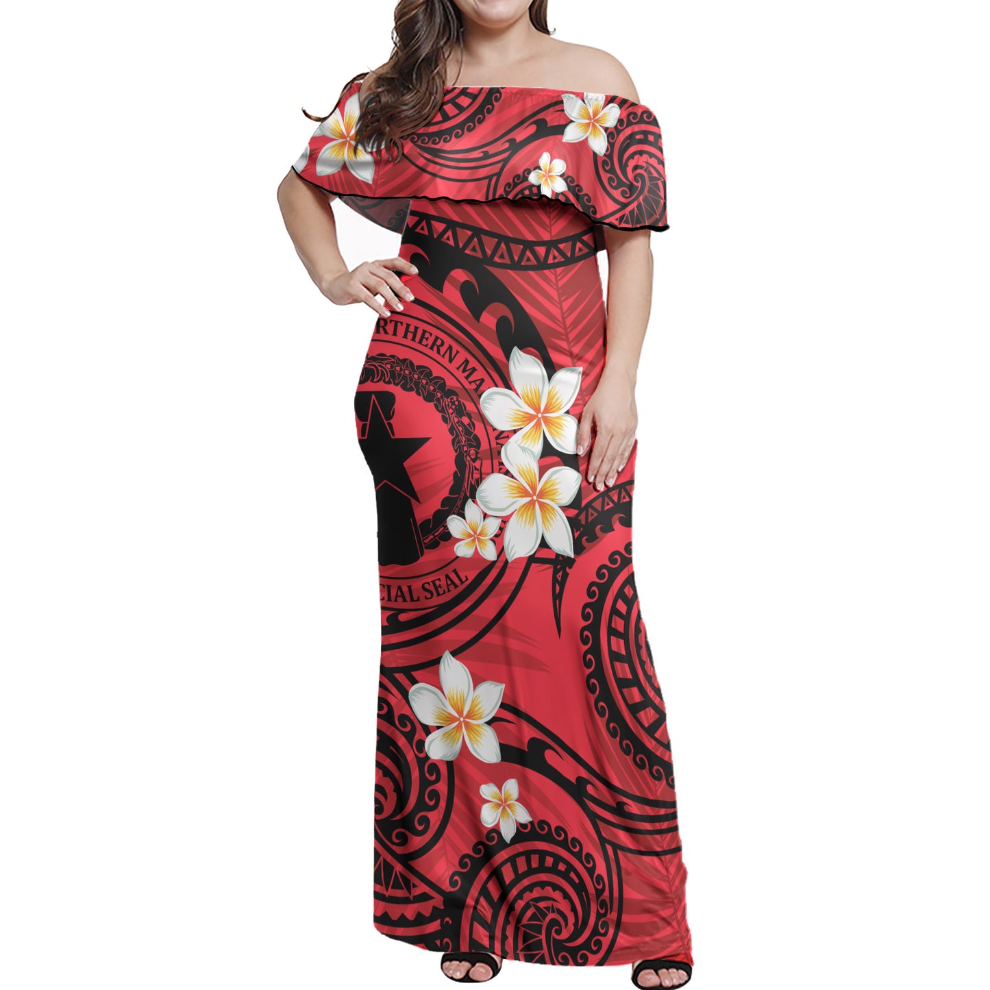 Northern Mariana Islands Off Shoulder Long Dress Plumeria Flowers Tribal Motif Red Version