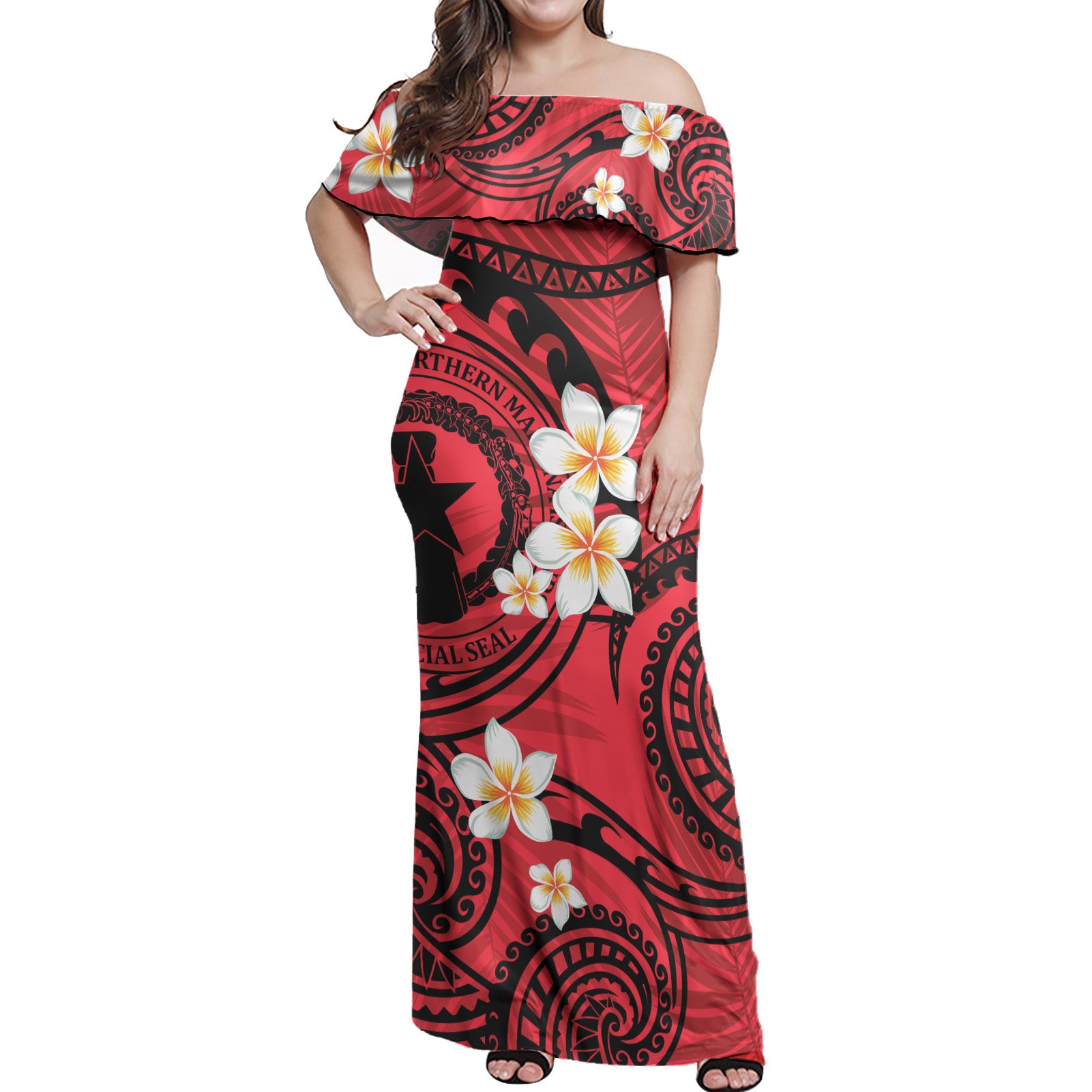 Northern Mariana Islands Off Shoulder Long Dress Plumeria Flowers Tribal Motif Red Version
