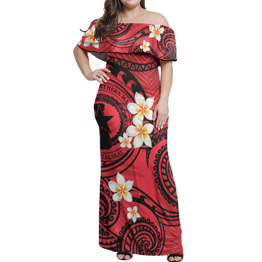 Northern Mariana Islands Off Shoulder Long Dress Plumeria Flowers Tribal Motif Red Version