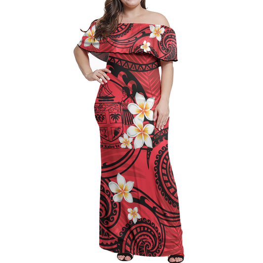 Fiji Off Shoulder Long Dress Plumeria Flowers Tribal Motif Red Version