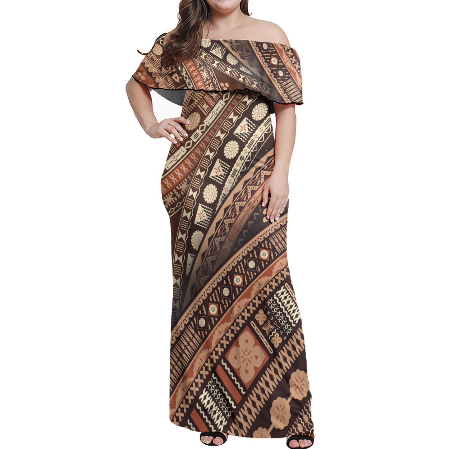 Polynesian Patterns Vintage Style Women Off Shoulder Long Dress And Shirt