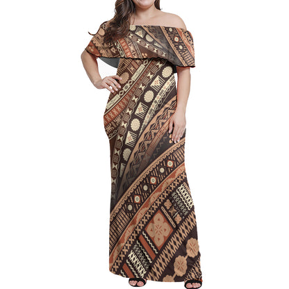 Polynesian Patterns Vintage Style Women Off Shoulder Long Dress And Shirt