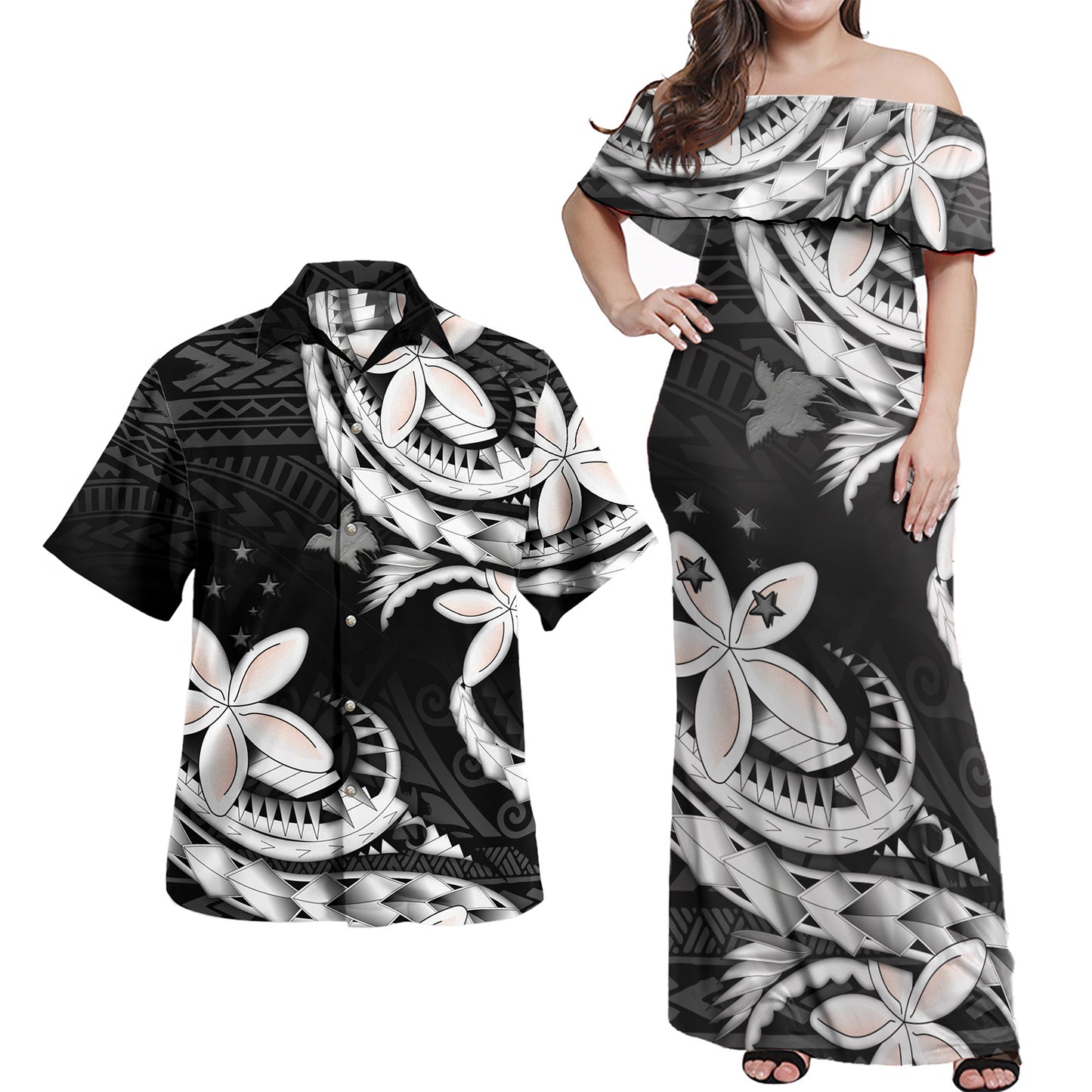 Papua New Guinea Combo Off Shoulder Long Dress And Shirt Polynesian Patterns Plumeria Flowers Special Style