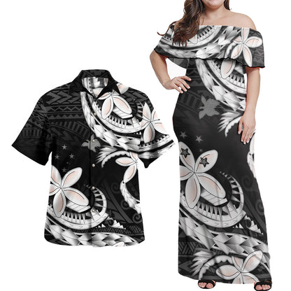 Papua New Guinea Combo Off Shoulder Long Dress And Shirt Polynesian Patterns Plumeria Flowers Special Style