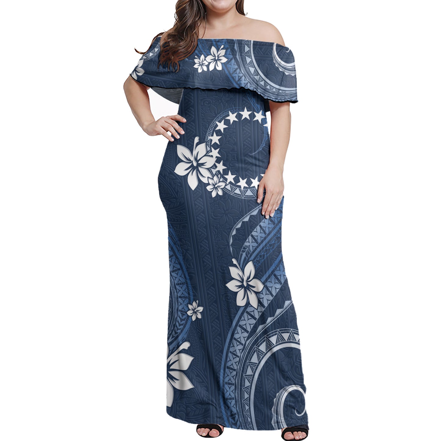 Cook Islands Off Shoulder Long Dress White Hibiscus Blue Pattern