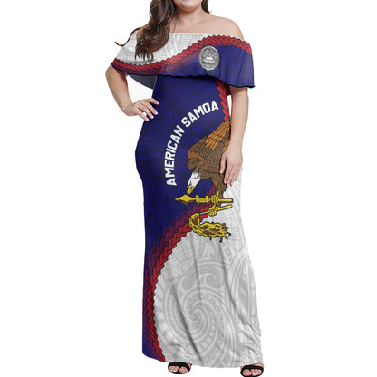 Samoa Off Shoulder Long Dress Samoa Coat Of Arms With Polynesian Tattoo Flag Style