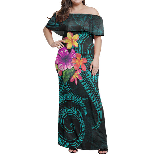 Polynesian Woman Off Shoulder Long Dress Turquoise Floral With Seal