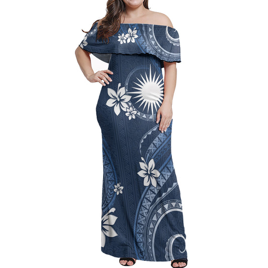 Marshall Islands Off Shoulder Long Dress White Hibiscus Blue Pattern