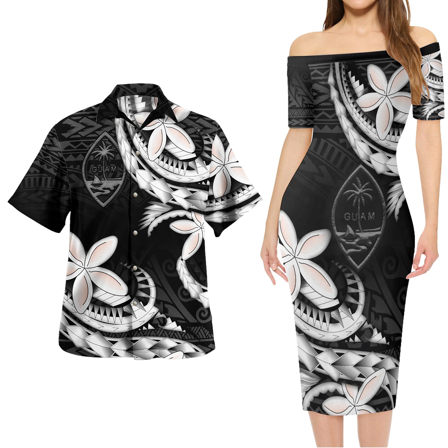 Guam Combo Short Sleeve Dress And Shirt Polynesian Patterns Plumeria Flowers Special Style