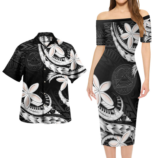 American Samoa Combo Short Sleeve Dress And Shirt Polynesian Patterns Plumeria Flowers Special Style