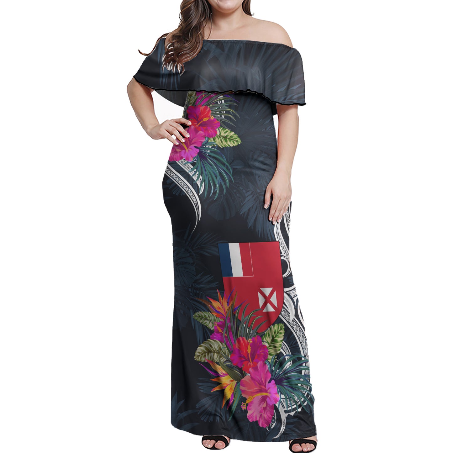 Wallis And Futuna Combo Off Shoulder Long Dress And Shirt Tropical Flower