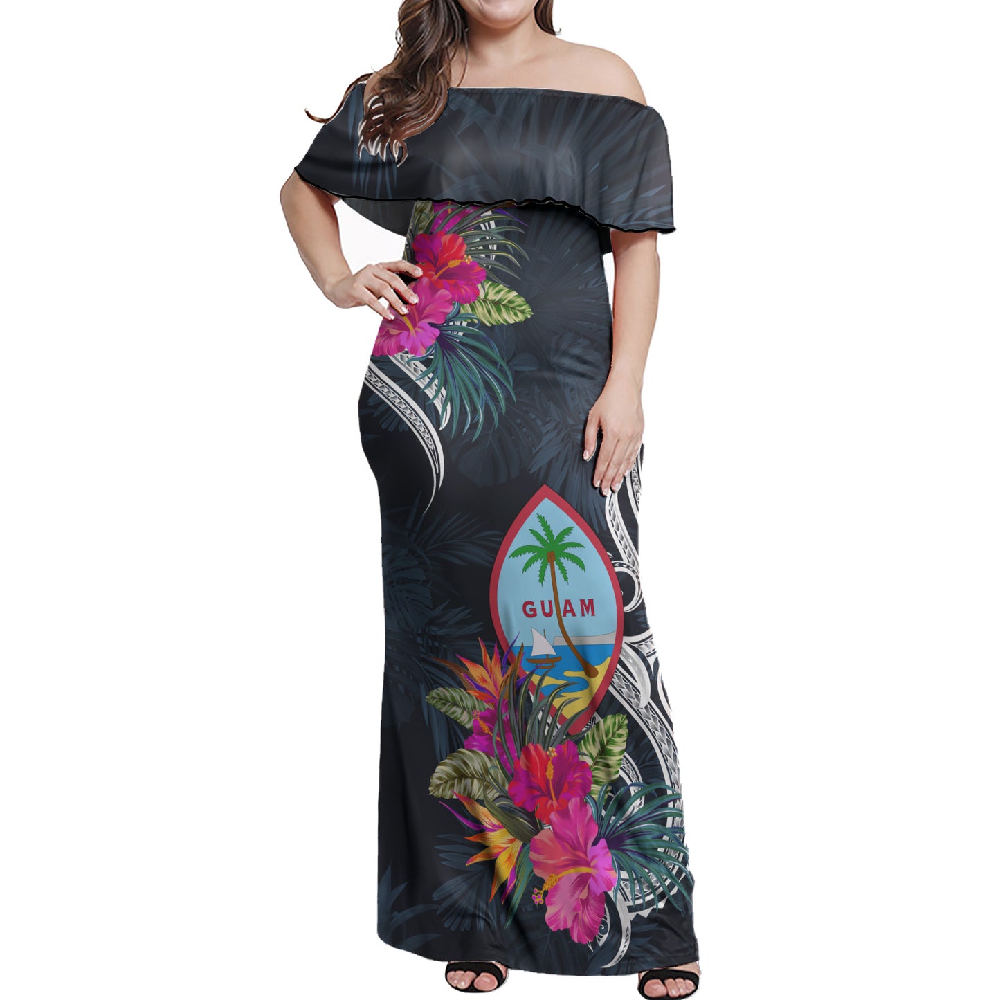 Guam Combo Off Shoulder Long Dress And Shirt Tropical Flower