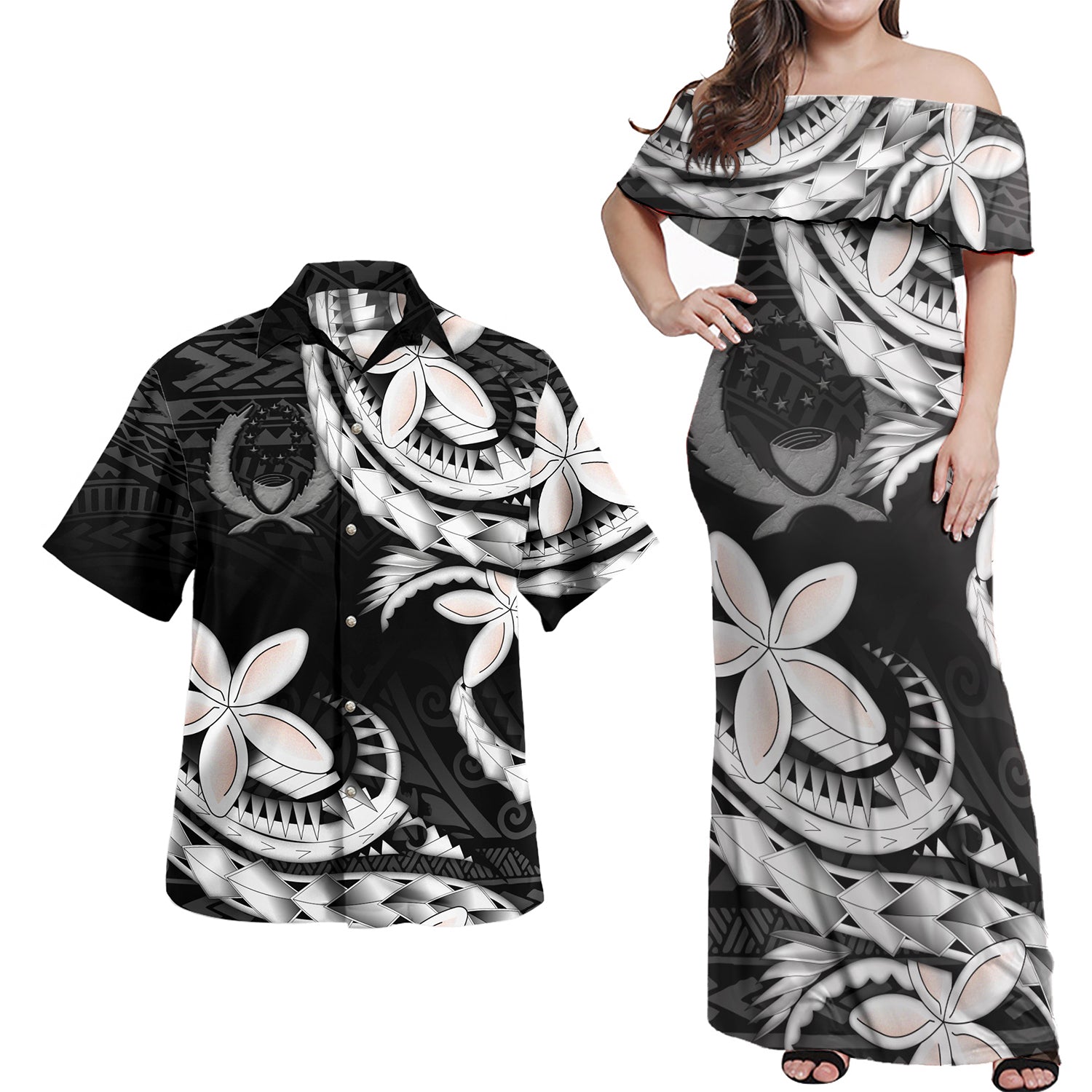 Pohnpei State Combo Off Shoulder Long Dress And Shirt Polynesian Patterns Plumeria Flowers Special Style