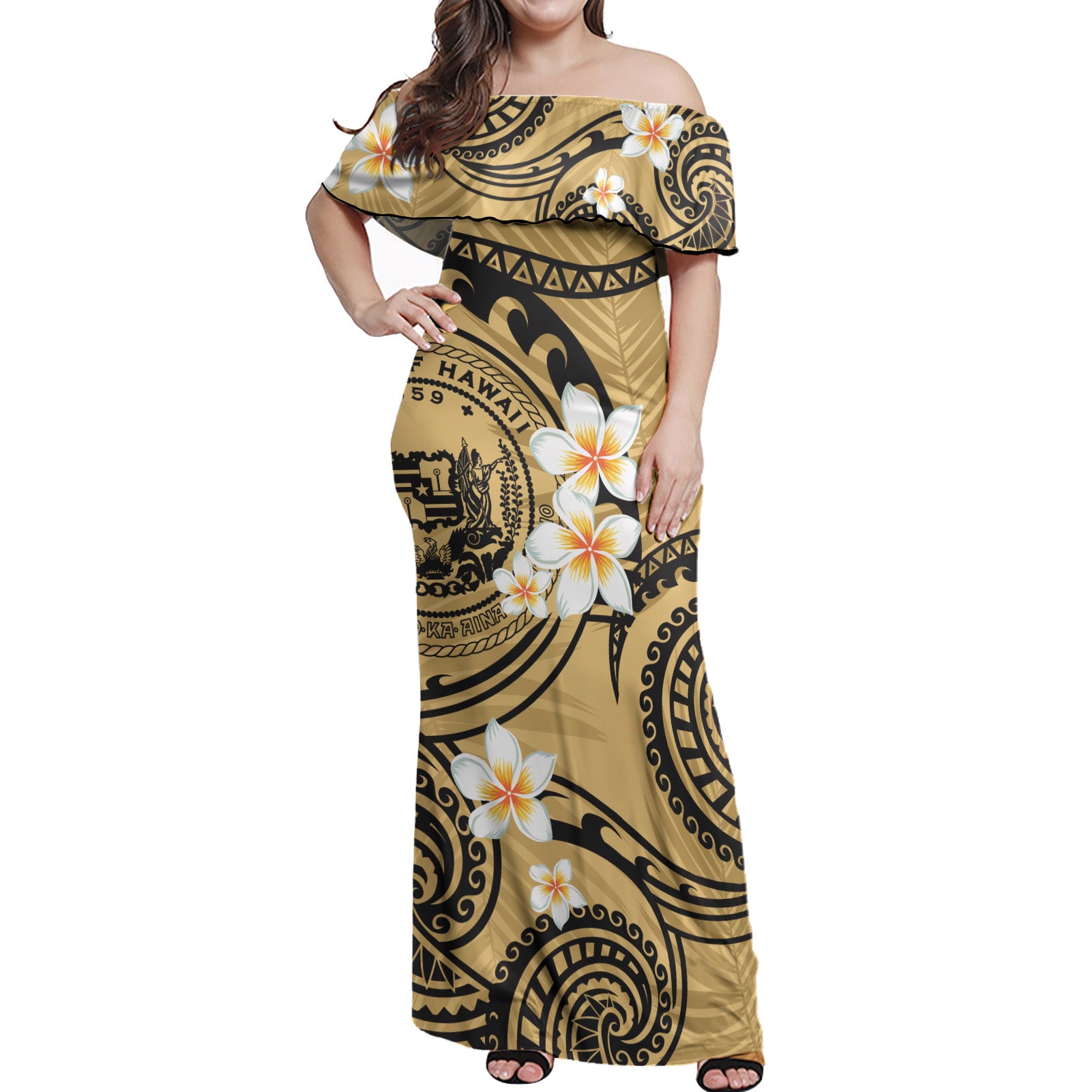 Hawaii Off Shoulder Long Dress Plumeria Flowers Tribal Motif Yellow Version