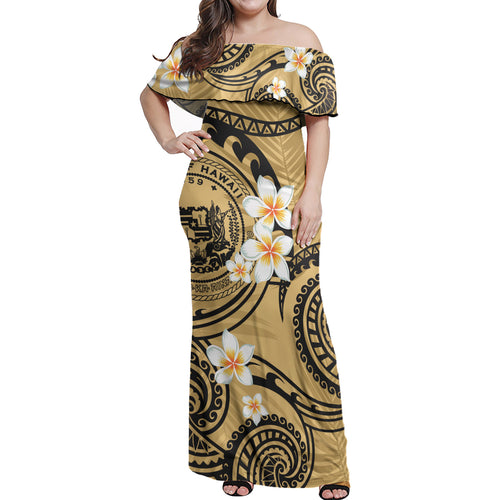 Hawaii Off Shoulder Long Dress Plumeria Flowers Tribal Motif Yellow Version