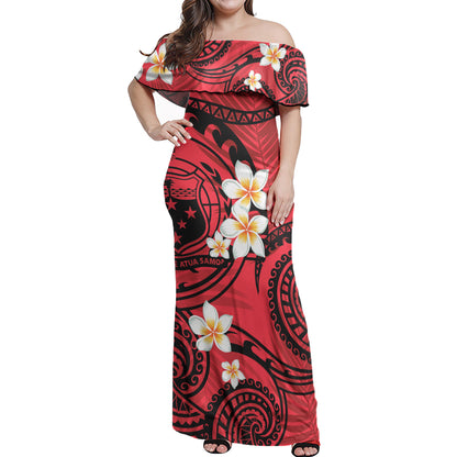 Samoa Off Shoulder Long Dress Plumeria Flowers Tribal Motif Red Version