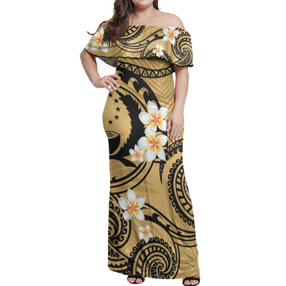 Pohnpei State Off Shoulder Long Dress Plumeria Flowers Tribal Motif Yellow Version