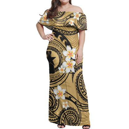 Northern Mariana Islands Off Shoulder Long Dress Plumeria Flowers Tribal Motif Yellow Version