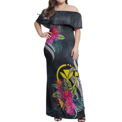 Hawaii Kanaka Maoli Combo Off Shoulder Long Dress And Shirt Tropical Flower