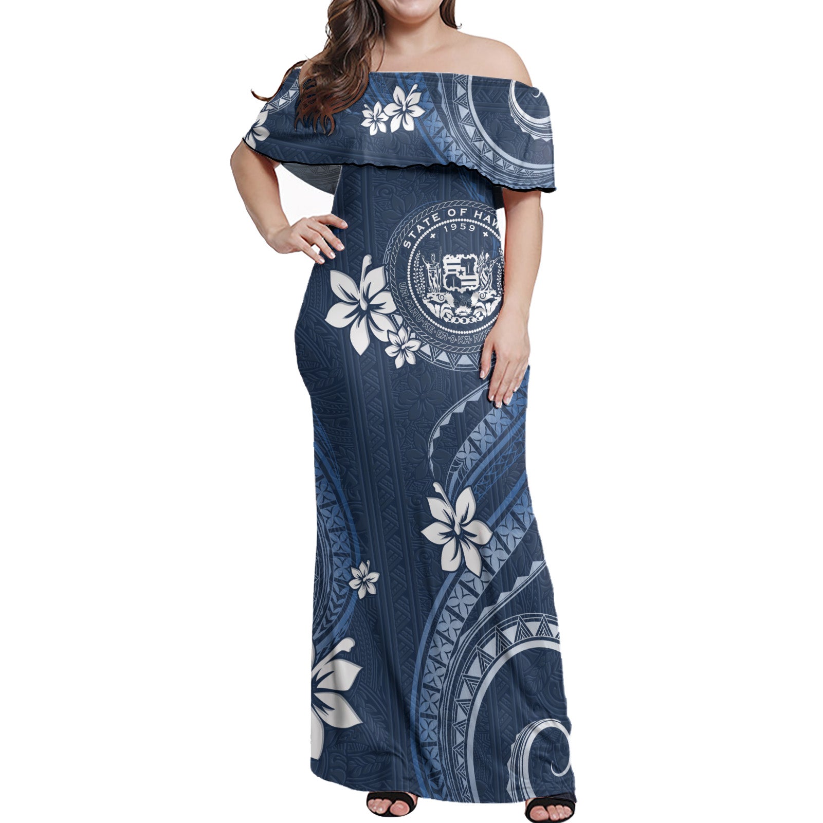 Hawaii Off Shoulder Long Dress White Hibiscus Blue Pattern