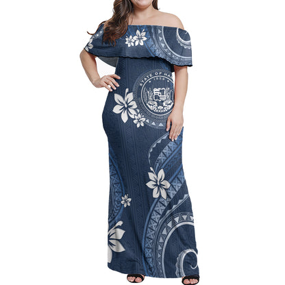 Hawaii Off Shoulder Long Dress White Hibiscus Blue Pattern