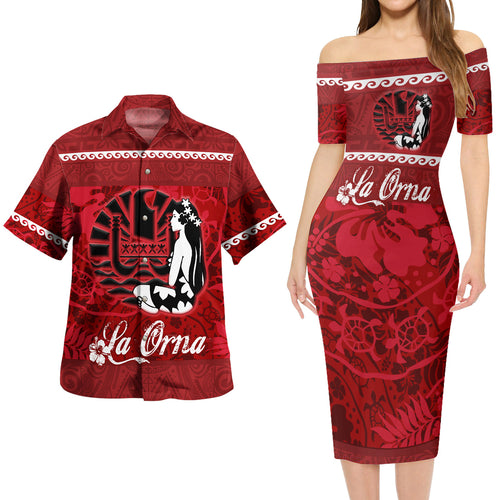 Tahiti Combo Short Sleeve Dress And Shirt - Tahitian Girl La Orna Style