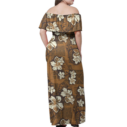 Hawaii Woman Off Shoulder Long Dress Polynesian Tribal And Hibiscus Vintage