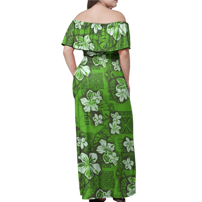 Hawaii Woman Off Shoulder Long Dress Polynesian Tribal And Hibiscus Vintage