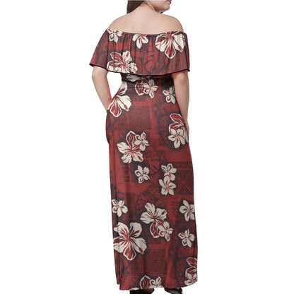 Hawaii Woman Off Shoulder Long Dress Polynesian Tribal And Hibiscus Vintage