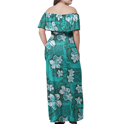 Hawaii Woman Off Shoulder Long Dress Polynesian Tribal And Hibiscus Vintage