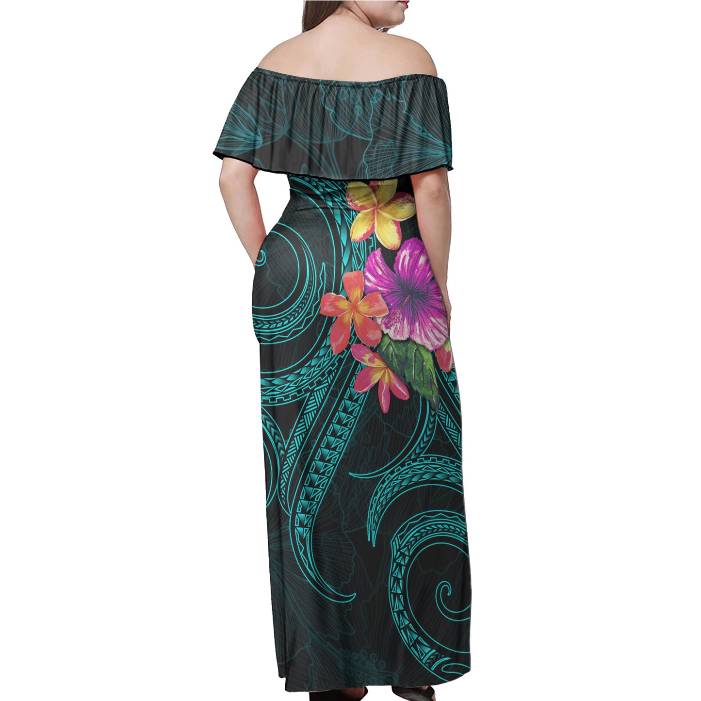 Polynesian Woman Off Shoulder Long Dress Turquoise Floral With Seal