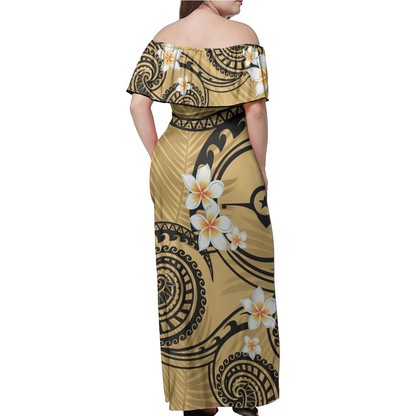 Yap State Off Shoulder Long Dress Plumeria Flowers Tribal Motif Yellow Version
