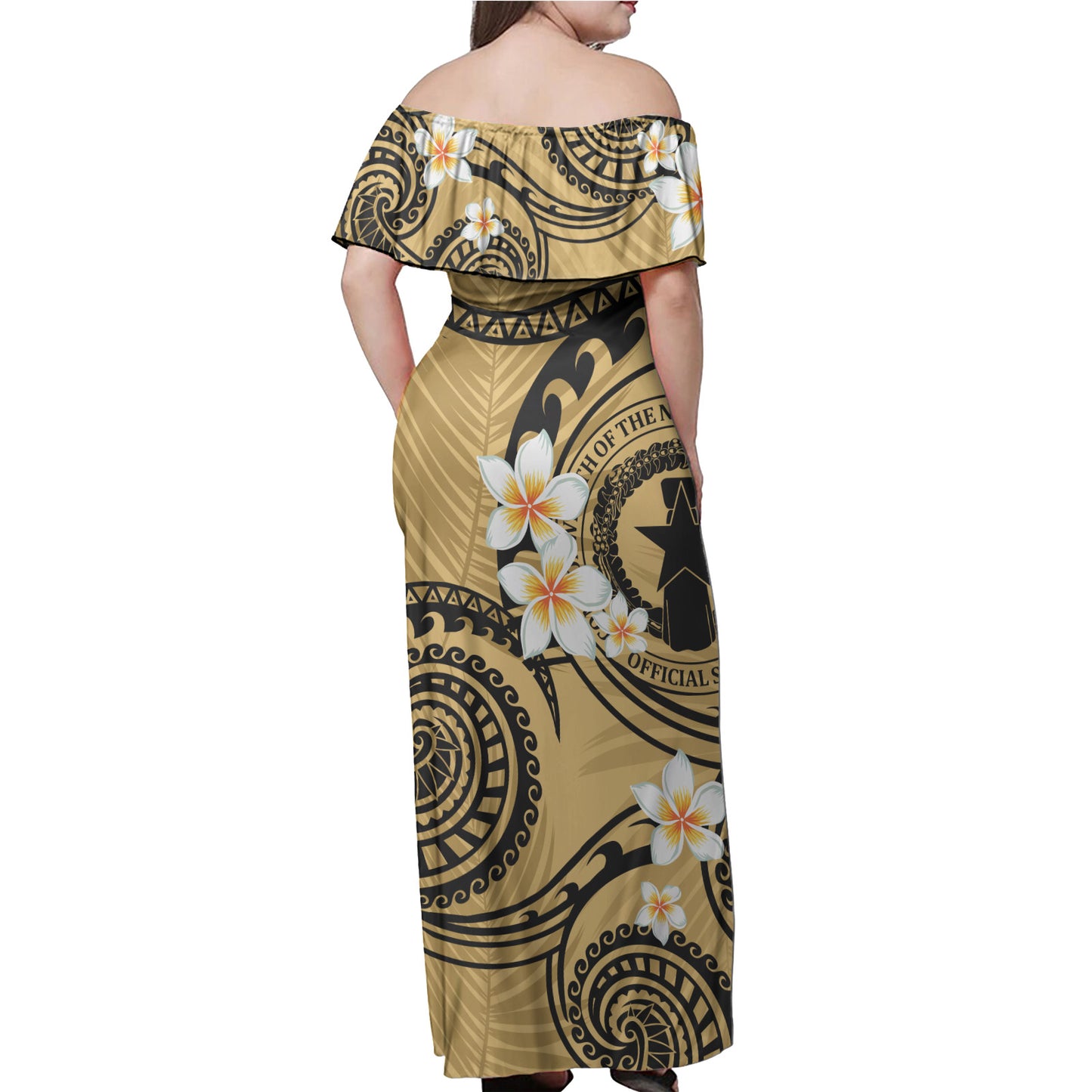 Northern Mariana Islands Off Shoulder Long Dress Plumeria Flowers Tribal Motif Yellow Version