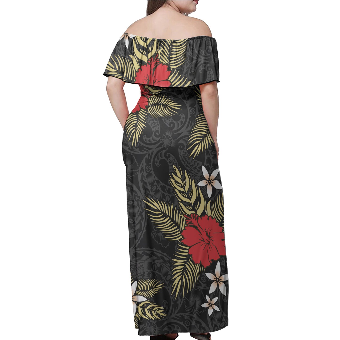 Polynesian Off Shoulder Long Dress Hibiscus Plumeria Flowers Polynesian Tribal Motif Patterns