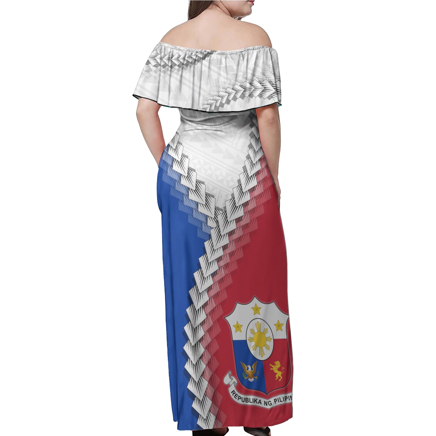 Philippines Filipinos Off Shoulder Long Dress Filipino Coat Of Arms With Tribal Patterns Flag Style