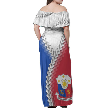 Philippines Filipinos Off Shoulder Long Dress Filipino Coat Of Arms With Tribal Patterns Flag Style