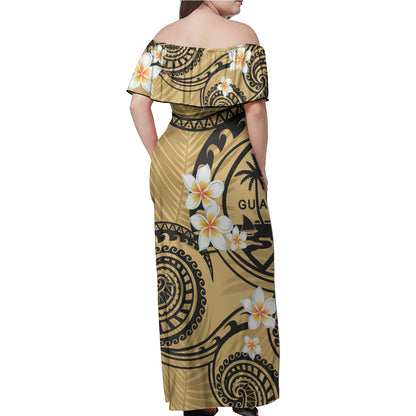 Guam Off Shoulder Long Dress Plumeria Flowers Tribal Motif Yellow Version