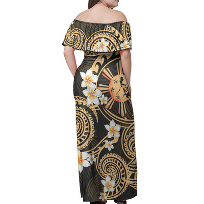 Philippines Filipinos Off Shoulder Long Dress Plumeria Flowers Tribal Motif Style