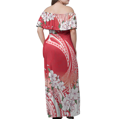 Polynesian Off Shoulder Long Dress Polynesian Pattern Style White Flowers