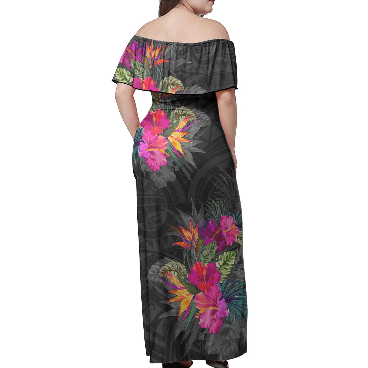 Polynesian Off Shoulder Long Dress Polynesian Tribal Tropical Flowers Special