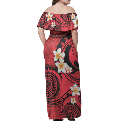 Pohnpei State Off Shoulder Long Dress Plumeria Flowers Tribal Motif Red Version
