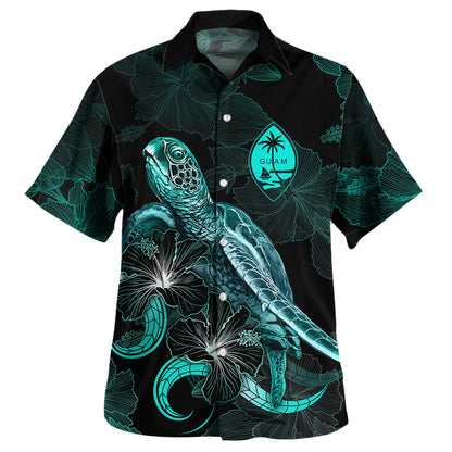 Guam Combo Dress And Shirt - Guam Coat Of Arms With Polynesian Turtle Blooming Hibiscus Turquoise