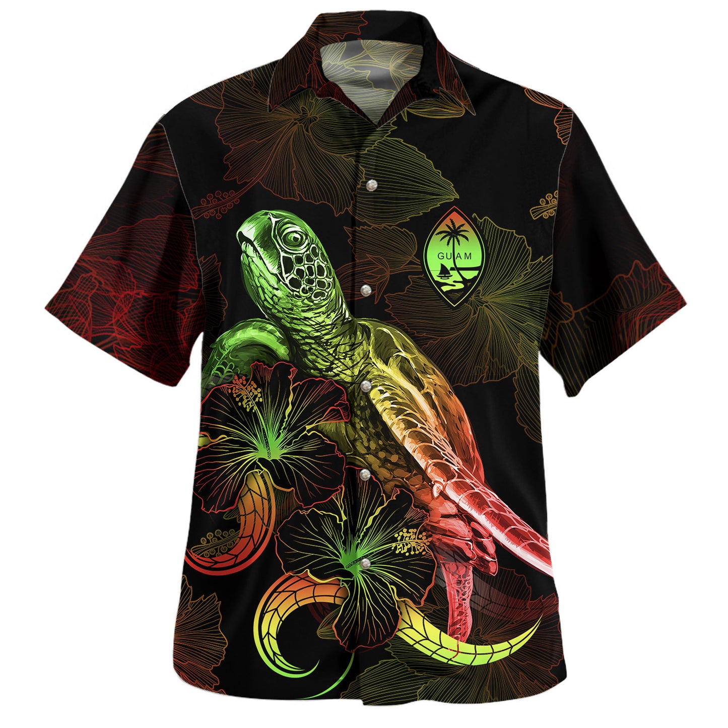 Guam Hawaiian Shirt Sea Turtle With Blooming Hibiscus Flowers Reggae