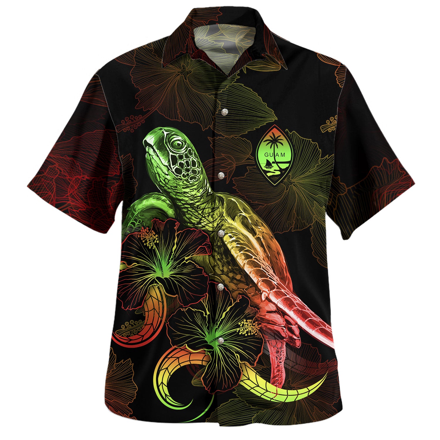Guam Hawaiian Shirt Sea Turtle With Blooming Hibiscus Flowers Reggae