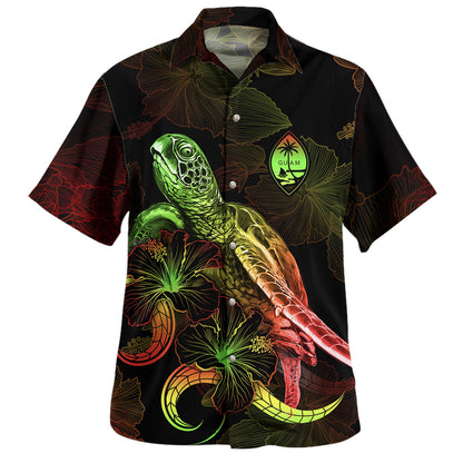 Guam Hawaiian Shirt Sea Turtle With Blooming Hibiscus Flowers Reggae