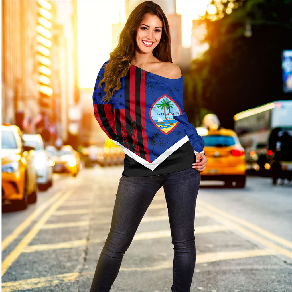 Guam Off Shoulder Sweatshirt Flag And American Half Concept Brush Style
