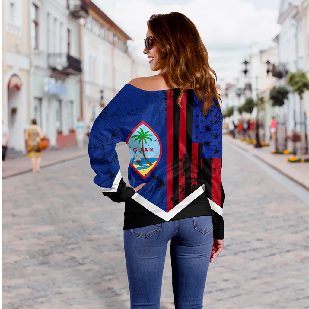 Guam Off Shoulder Sweatshirt Flag And American Half Concept Brush Style