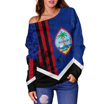 Guam Off Shoulder Sweatshirt Flag And American Half Concept Brush Style